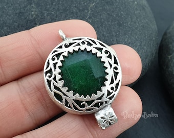 Emerald Green Jade Connector Pendant, Round Gemstone Charm, Antique Silver Plated, Double Bail