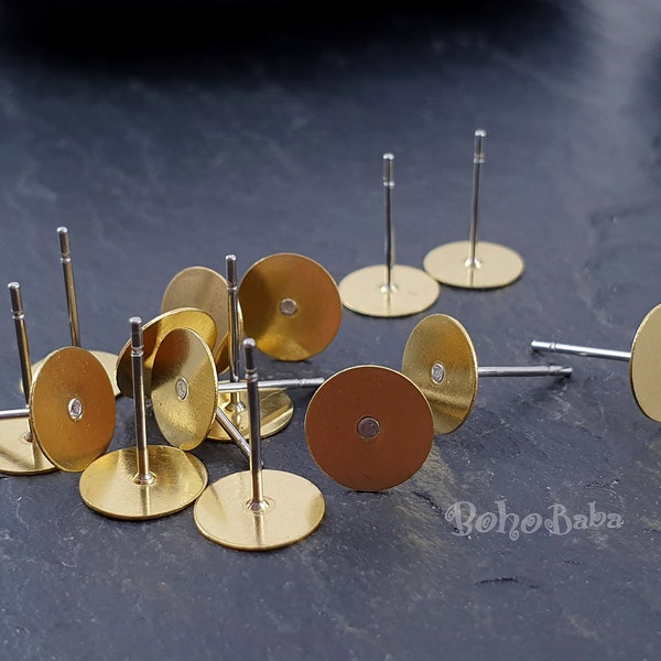 Earring Posts, 8mm Flat Pad, Stainless Steel Post, Earring Studs,  Steel Earring Posts, Raw Brass Ear Stud Blanks, Earring Findings, 20Pc