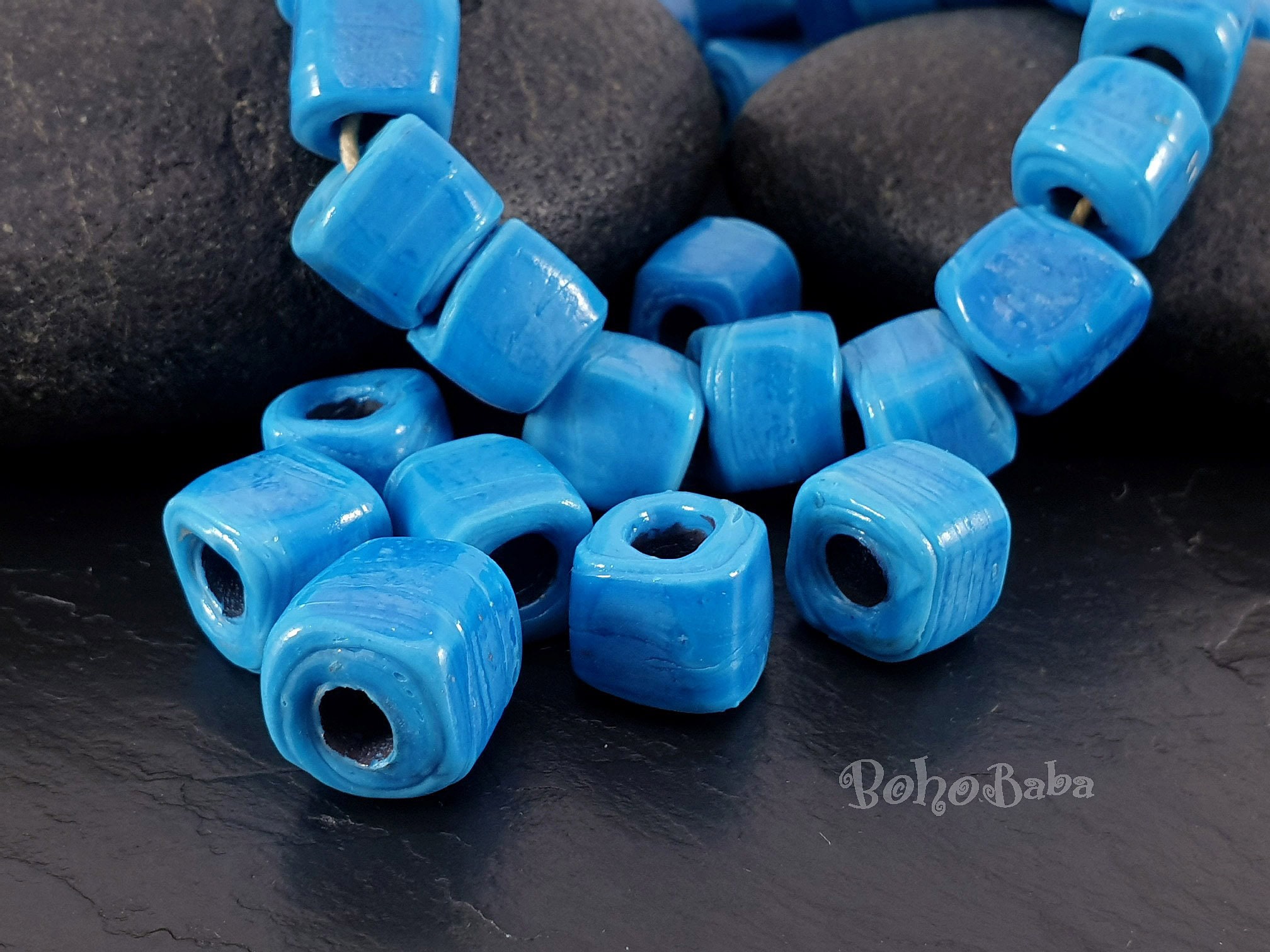 Blue Glass Beads, Rustic Glass Cube Beads, Square Beads, Necklace