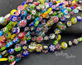 Perles Millefiori de style Murano, perles rondes plates de 10 mm, perles de glaçure colorées faites à la main, 1 brin (38 perles)