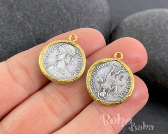 Silver Greek Coin Pendant, Ancient Roman Coin Charm, Medallion Jewelry Findings