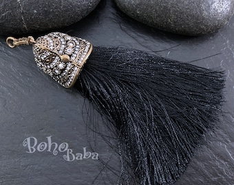 Black Silk Tassel Pendant with Antique Bronze Pave Tassel Cap, Boho Tassel Necklace Findings
