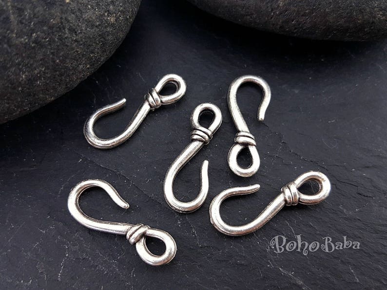 Antique Silver Plated Hook Clasps, Silver Fish Hook Charms, Silver Toggle Clasp, 5Pc image 2