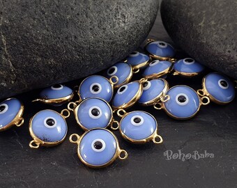 Blue Evil Eye Charms, Lampwork Glass Evil Eye Findings, Gold Evil Eye Connector Charm, 3Pc