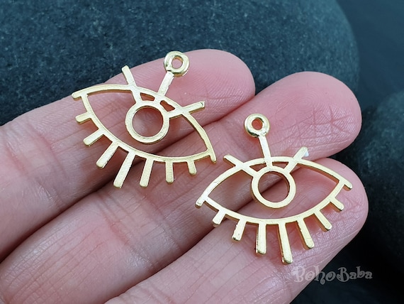 Gold Evil Eye Charms, Evil Eye Findings, Large Gold Eye Pendant, Gold Earring Charms, 2 Pc
