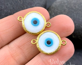 White Lampworked Glass Evil Eye Connector Charms, Gold Plated Handmade Murano Evil Eye Charm