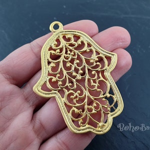 Gold Plated Hamsa Hand Pendant, Large Filigree Hamsa Pendant