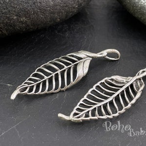 Silver Leaf Pendant, Silvery Skeleton Leaf Charm, Large Leaf Pendant, Silver Leaf Charm, Silver Jewelry Findings, 2Pcs