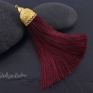 Extra Large Tassel Pendant, Burgundy Silk Tassel, Thick Silk Tassel Charm, Gold Cap Tassel Jewelry Findings