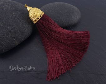 Extra Large Tassel Pendant, Burgundy Silk Tassel, Thick Silk Tassel Charm, Gold Cap Tassel Jewelry Findings