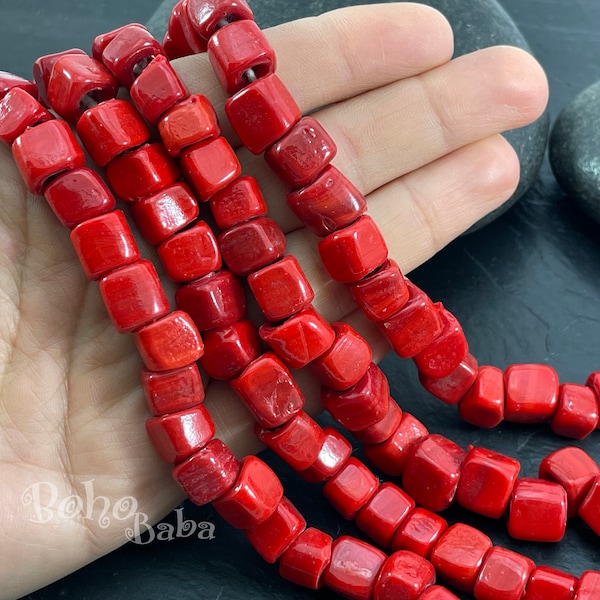 Artisan Handmade Red Glass Cube Beads, Traditional Turkish Glass Beads, Square Glass Beads, 10pc