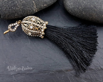 Black Silk Tassel Pendant with Antique Bronze Pave Cap, Bohemian Tassel Necklace Findings
