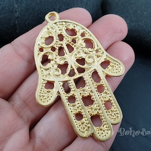 Gold Plated Large Hamsa Pendant, Gold Hand Charm, Hamsa Findings, 1 Pc