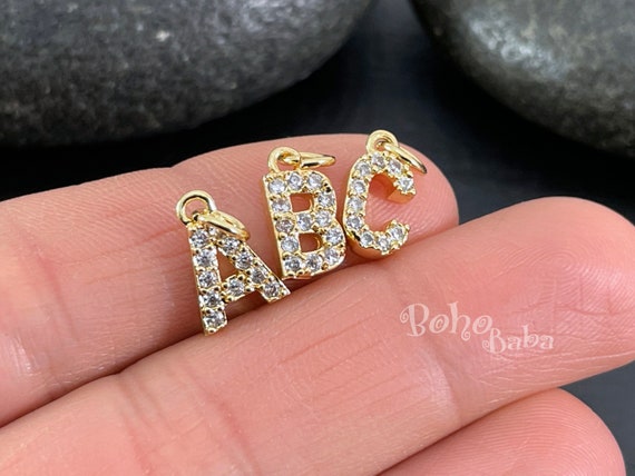 Small Gold Alphabet Letter Charms with CZ Rhinestones (8-9mm)