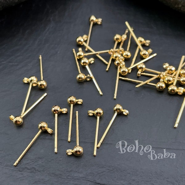 Pendientes de poste de bola chapados en oro, pendientes de bola de 3 mm con lazo, espacios en blanco para pendientes, 10 piezas