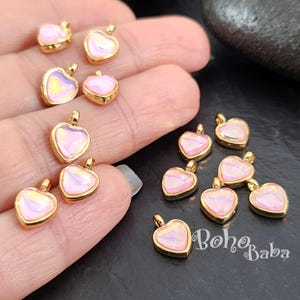 Shiny Gold Plated Crystal Light Pink Cats Eye Heart Charm, 2pc