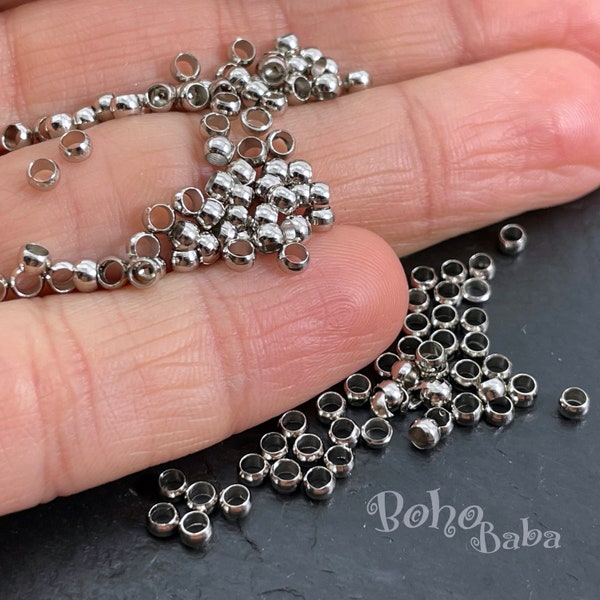 Petites perles à écraser argentées, perles intercalaires argentées de 2 mm, mini-perles rondes en forme de soucoupe, 200 pièces