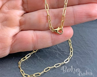 Gold Paperclip Chain with Lobster Clasp, Gold Plated Ready To Wear Necklace Chain, Add Your Charm