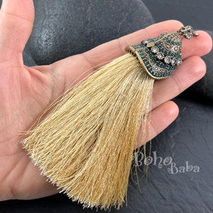 Beige Silk Tassel Pendant with Antique Bronze Pave Tassel Cap, Boho Tassel Necklace Findings