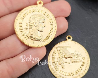 Gold Greek Coin Pendant, Large Gold Coin Charm, Roman Coin Pendant, Greek Coin Medallion, 1 Pc