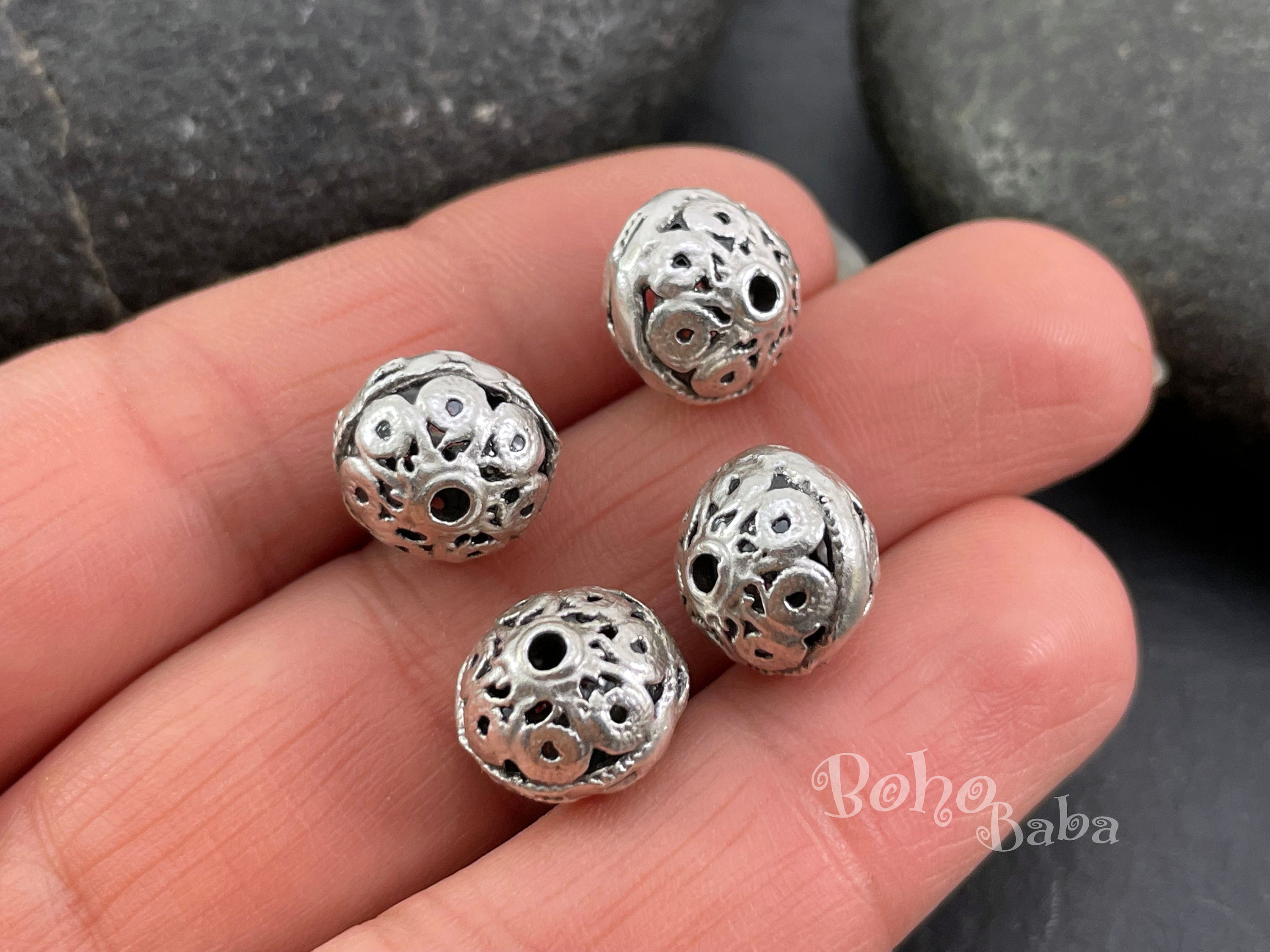 Large Silver Ball Beads, Tribal Silver Spacer Beads, Filigree Beads, Silver Round Beads, Jewelry Spacers Beads, Silver Mala Beads, 2 Pc