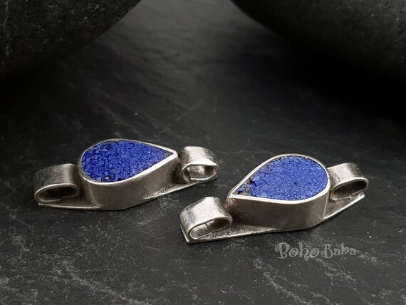 チベットのハンドメイドラピスラズリインレイティアドロップシルバー