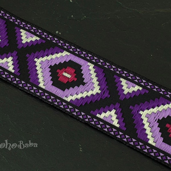 Jacquard Ribbon, 25mm Wide, Jacquard Trim, Embroidered Woven Ribbon, Purple Ethnic Ribbon, Tribal Pattern Ribbon, 1 Meter - 1.09 Yards