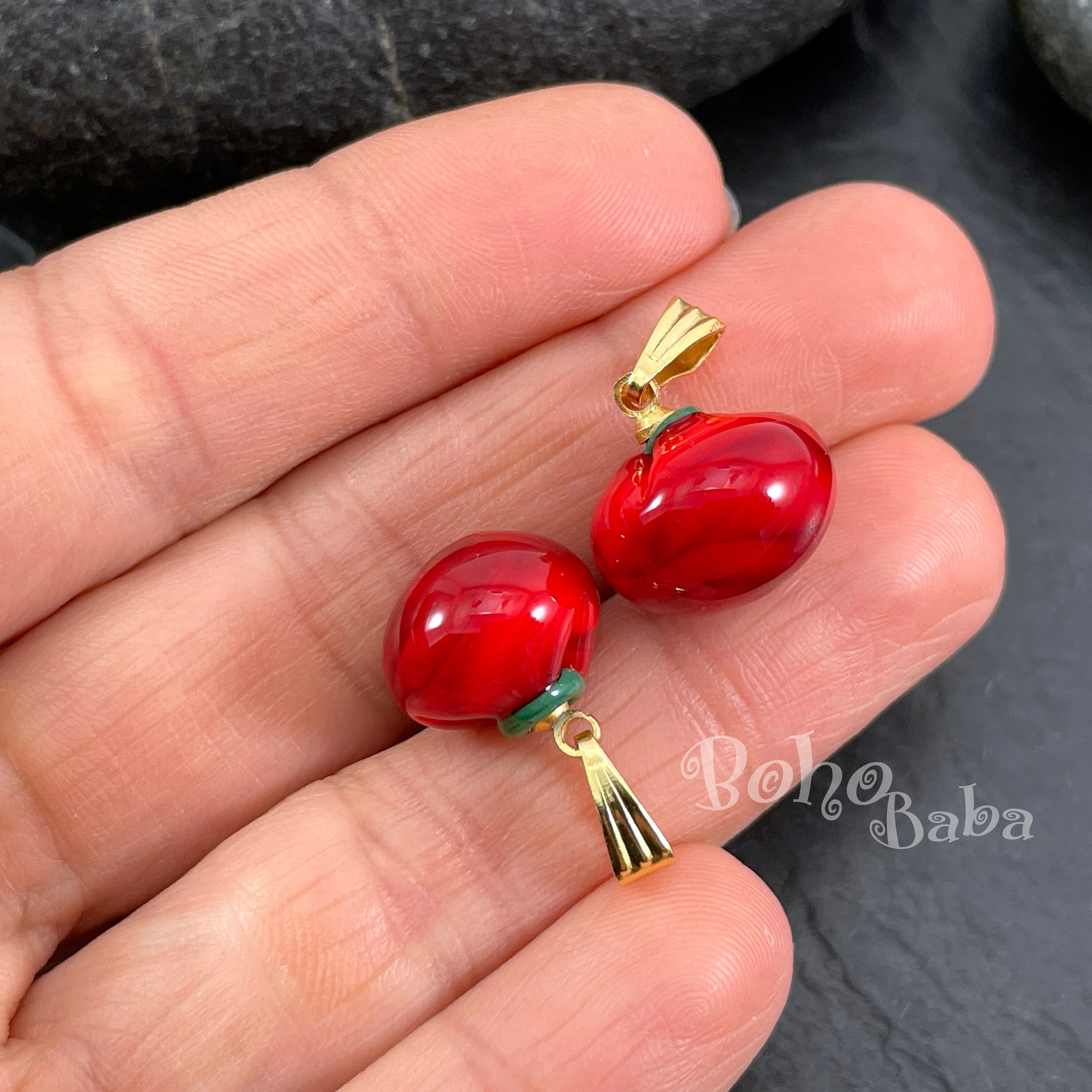 Lampworked Tomato Charm with Gold Plated Snap On Bail, Handmade Murano Glass Tomato Pendant, 1pc