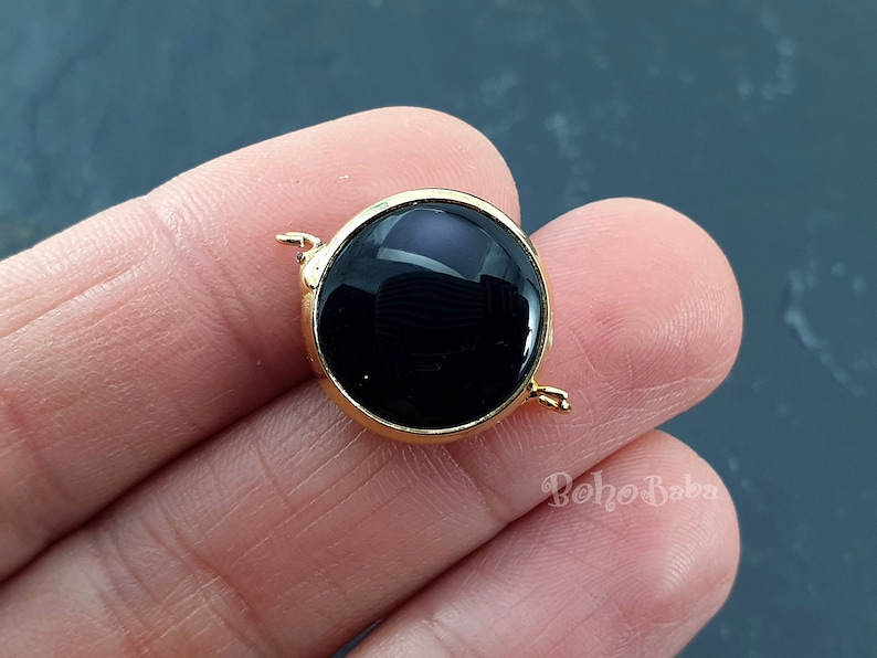 Gemstone Pendant Gemstone Bracelet Bezel Connector Connector Station Onyx Black Jade Connector Round Connector 16mm Gold Plated