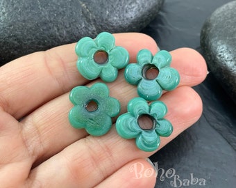 Artisan Handmade Glass Flower Beads, Green Flower Murano Beads