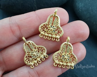 Tribal Gold Charms, Filigree Chandelier Earring Charms, Multi Loop Connectors, 2pc