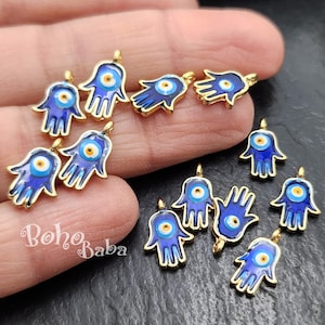 Tiny Gold Hamsa Charms with Blue Enamel Evil Eye, Gold Hand Charms, 3pc