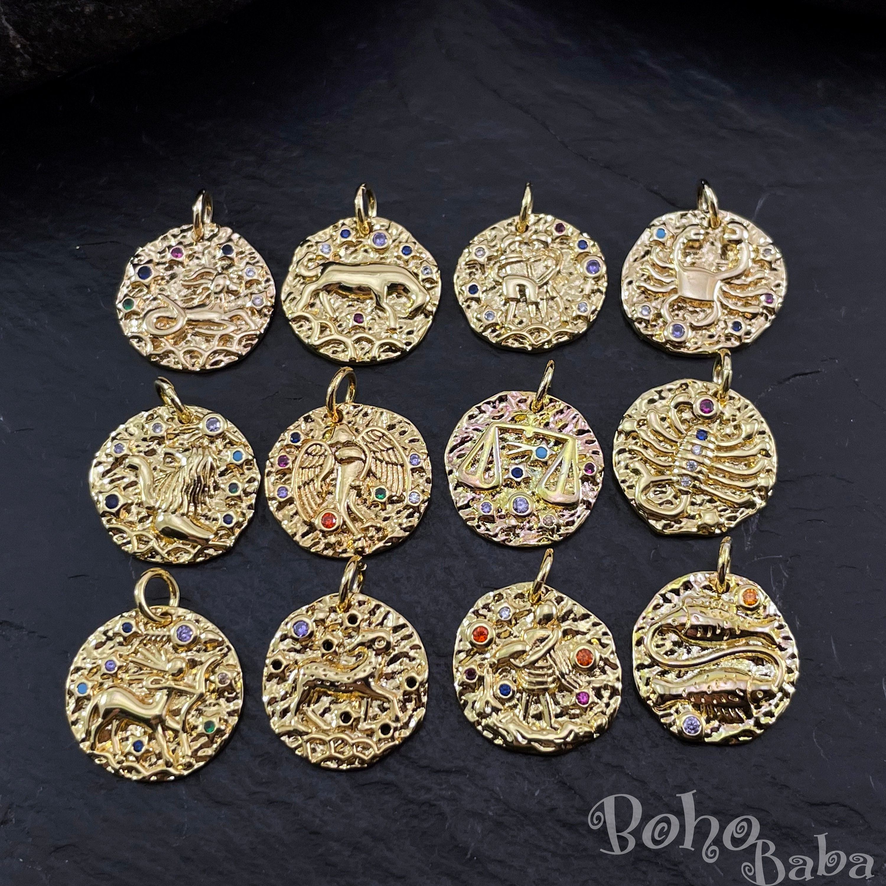 クリスタル付きゴールド星座コインチャーム、ゴールド星占いペンダント、パヴェ星座誕生チャーム、1個 - Etsy 日本