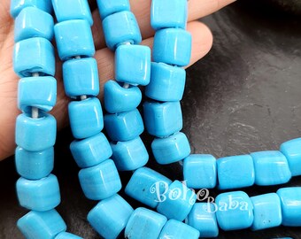 Perles cubes en verre bleus, Perles carrées en verre rustiques, Perles pendantes en verre faites main, Perles mauvais oeil turques au chalumeau