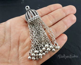 Antique Silver Plated Chain Tassel Pendant with Mini Ball Charms, Large Metal Tassel