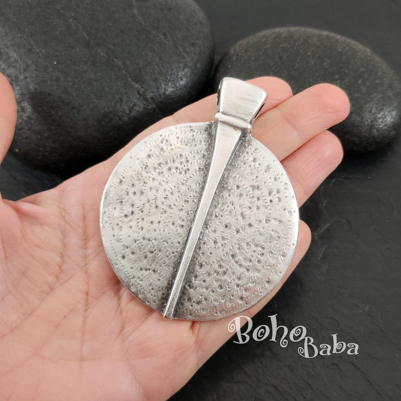 Large Silver Tribal Pendant, Large Round Pendant, Large Necklace Pendant, Ethnic Tribal Silver Jewelry Findings, 1 Pc image 1