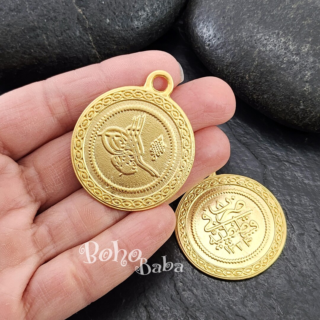 大きなゴールドトルココインペンダント、ゴールドコインチャーム、オスマンコインチャーム、1個 - Etsy 日本