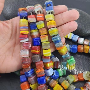 Marbled Glass Cube Beads, Turkish Artisan Handmade Large Hole Glass Square Beads