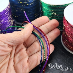 Jewelry Making Round Cords, Polyester Cord with Metallic Gold Thread, Multi Color Purple, Navy, Green, Red, Braided Rope