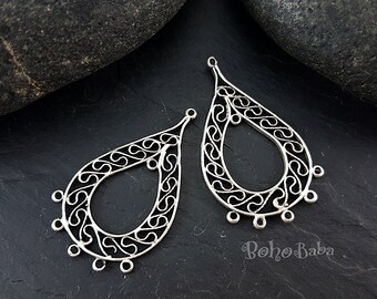Connecteurs en filigrane en forme de larme, breloques multi-boucles argentées, apprêts de boucles d'oreilles pour lustre, 2 pièces