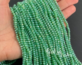 4mm Faceted Crystal Rondelle Bead Strands, Opaque Mint Green AB Crystal Beads