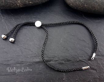 Black Cord Bracelet, Friendship Bracelet, Adjustable Bracelet Blanks, 2mm Cord Bracelet Connector Blanks, Adjustable Sliding Silver Clasp