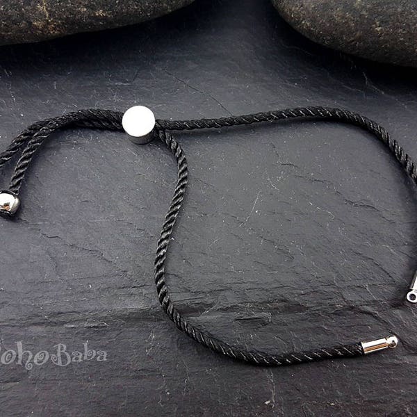 Black Cord Bracelet, Friendship Bracelet, Adjustable Bracelet Blanks, 2mm Cord Bracelet Connector Blanks, Adjustable Sliding Silver Clasp