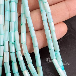 May include: A strand of turquoise blue and white shell beads. The beads are rectangular and have a smooth, polished finish.