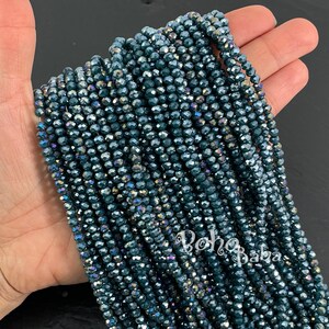 4mm Faceted Crystal Rondelle Bead Strands, Opaque Teal Blue AB Crystal Beads