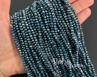 4mm Faceted Crystal Rondelle Bead Strands, Opaque Teal Blue AB Crystal Beads