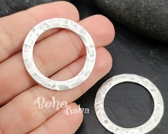 Hammered Silver Hoop Charms, Organic Hoop Rings, Circle Pendant, Loop Connector, Large Silver Closed Ring, 2 Pc