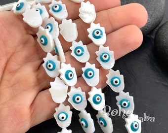 Mother of Pearl Hamsa Shell Beads with Blue Evil Eye Enamel, 1 Strand