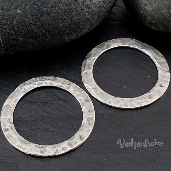 Hammered Silver Hoop Charms, Organic Hoop Rings, Circle Pendant, Loop Connector, Closed Ring, Large Silver Ring, Large Closed Ring, 2 Pc
