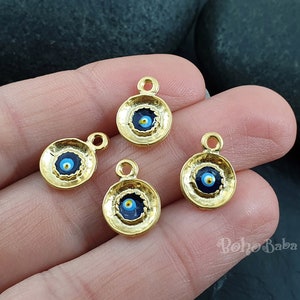 Gold Evil Eye Charm, Mini Evil Eye Pendant, Gold Disc Charms, Jewelry Supplies, Evil Eye Necklace, Evil Eye Findings, Gold Jewelry, 4 Pc
